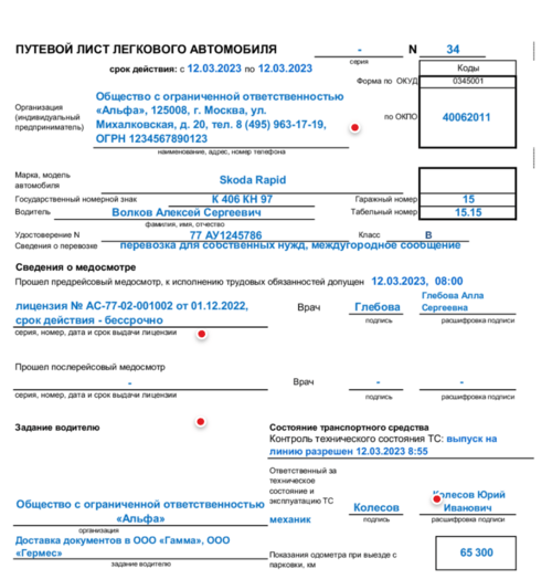 Путевой лист нового образца