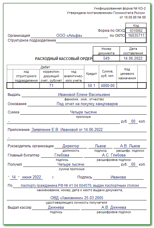 Образец расходного кассового ордера 2022