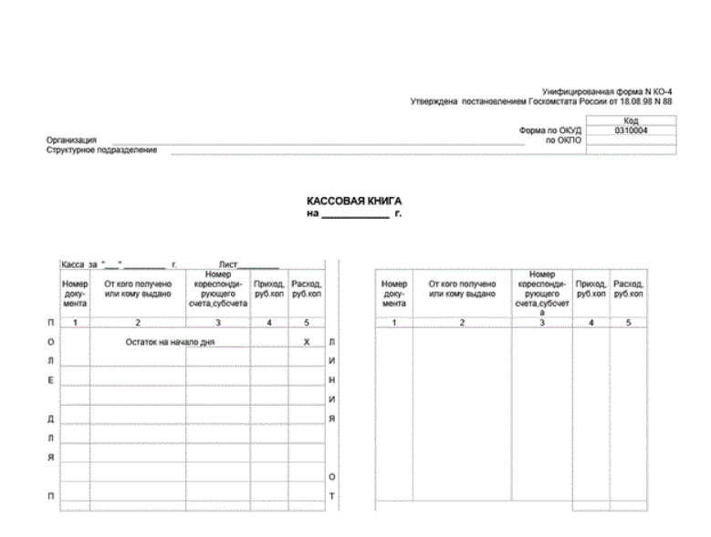 Кассовая книга форма ко 4 образец заполнения