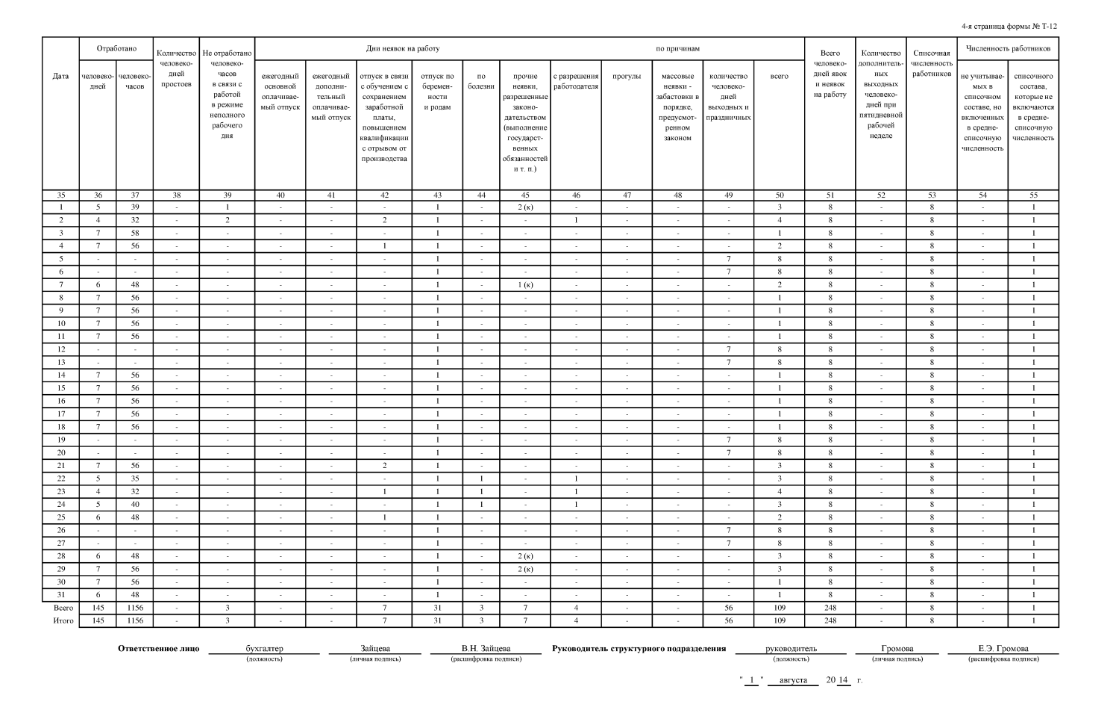 Табель т 12 образец заполнения