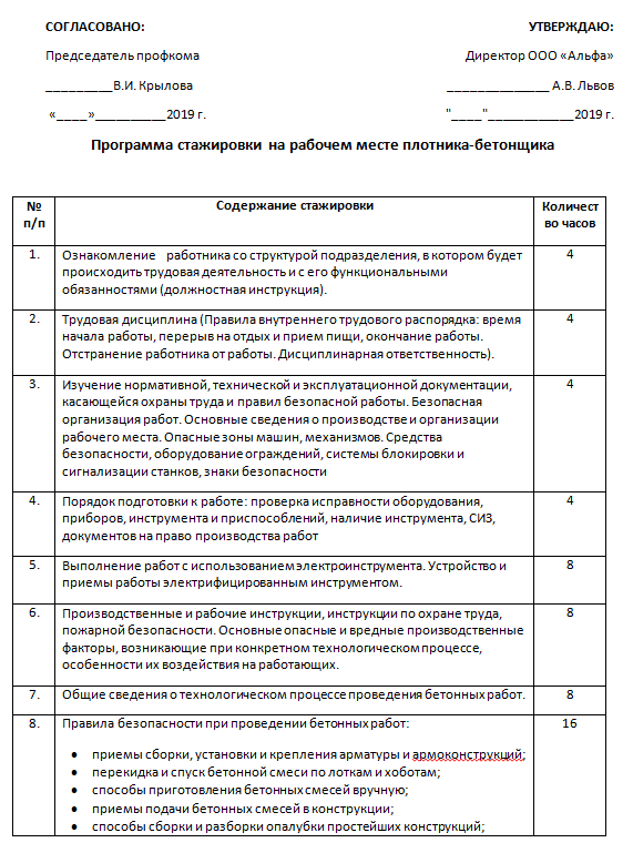 Программа стажировки по охране труда на рабочем месте образец 2022