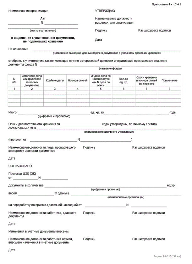 Приложение n 14 акт о выделении к уничтожению архивных документов не подлежащих хранению заполненный