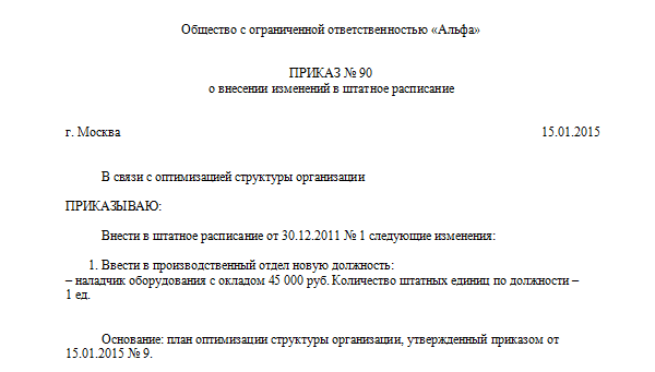 Приказ о внесении изменений в штатное расписание в рб образец