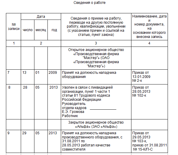 Запись в трудовой о внутреннем совместительстве образец