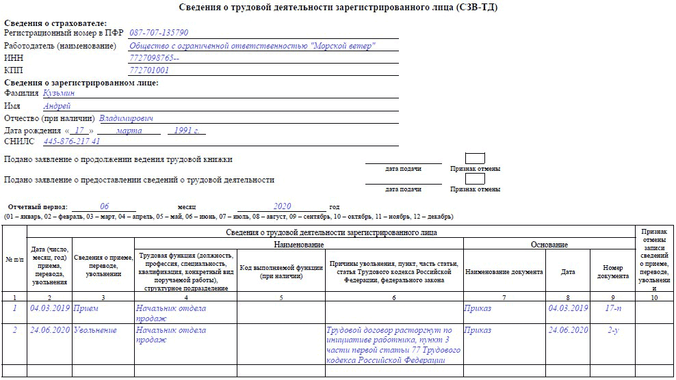 Сзв тд увольнение образец заполнения 2022 год