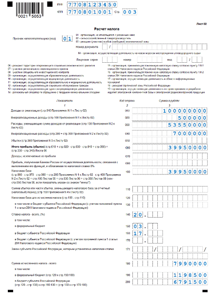 Декларация по налогу на прибыль образец