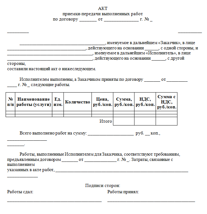 Акт приема работ образец