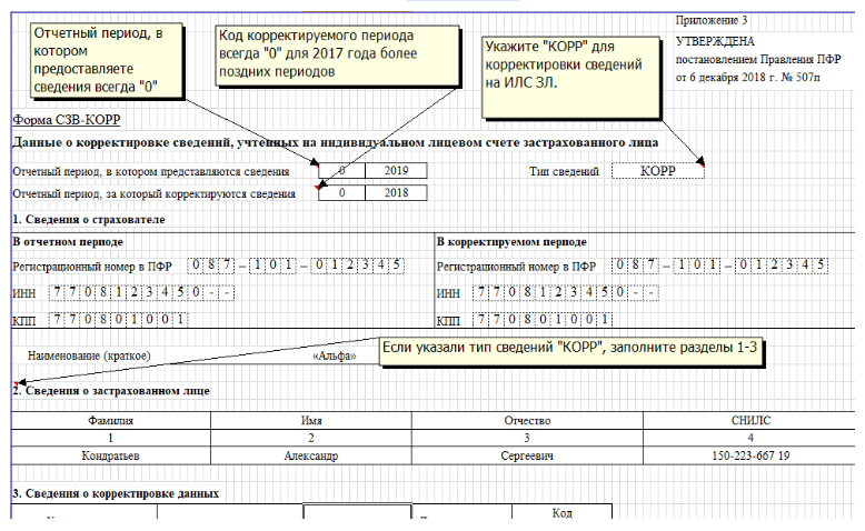 Сзв корр как заполнить образец