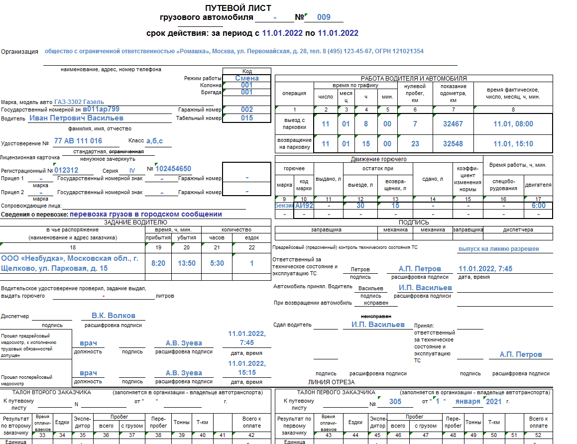 Путевые листы для грузовых автомобилей 2022 образец