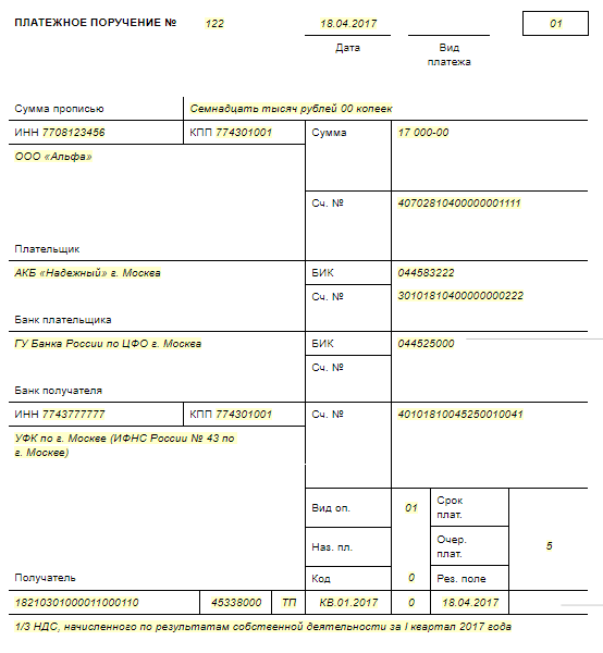 Образец платежки по ндс