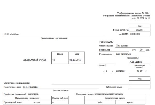 Авансовый отчет образец 2022