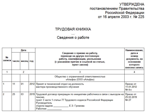 Запись в трудовой увольнение в связи с выходом на пенсию образец 2022