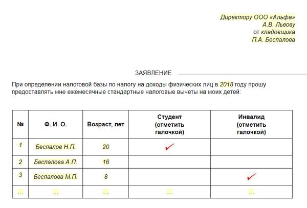 Заявление о предоставлении стандартного налогового вычета на детей образец на