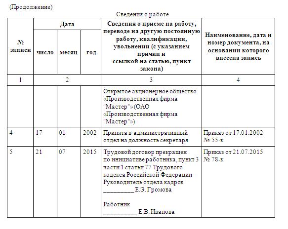 Образец заполнения дубликата трудовой книжки при утере работником