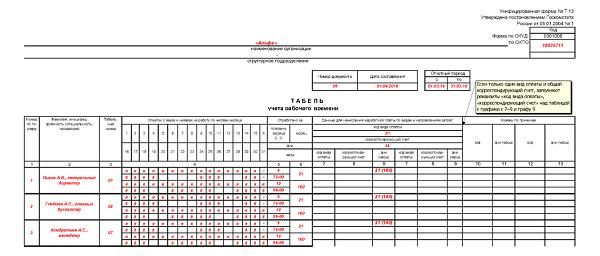 Образец заполнения табеля