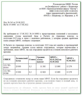 Ответ на требование налоговой о предоставлении пояснений по зарплате ниже мрот образец