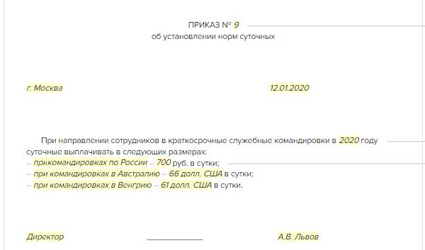 Приказ об установлении нормы суточных по командировкам образец