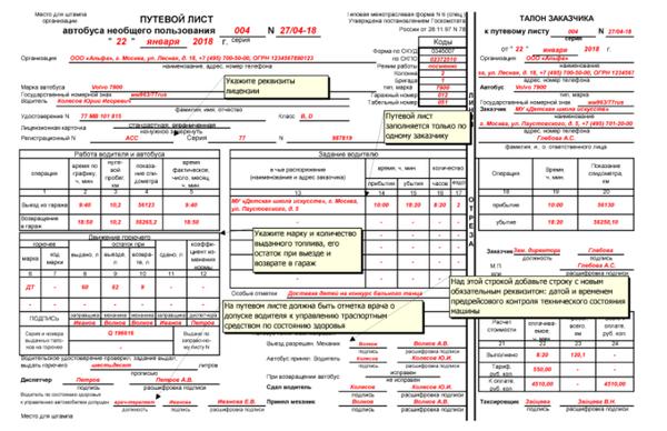 Путевой лист ип образец заполнения
